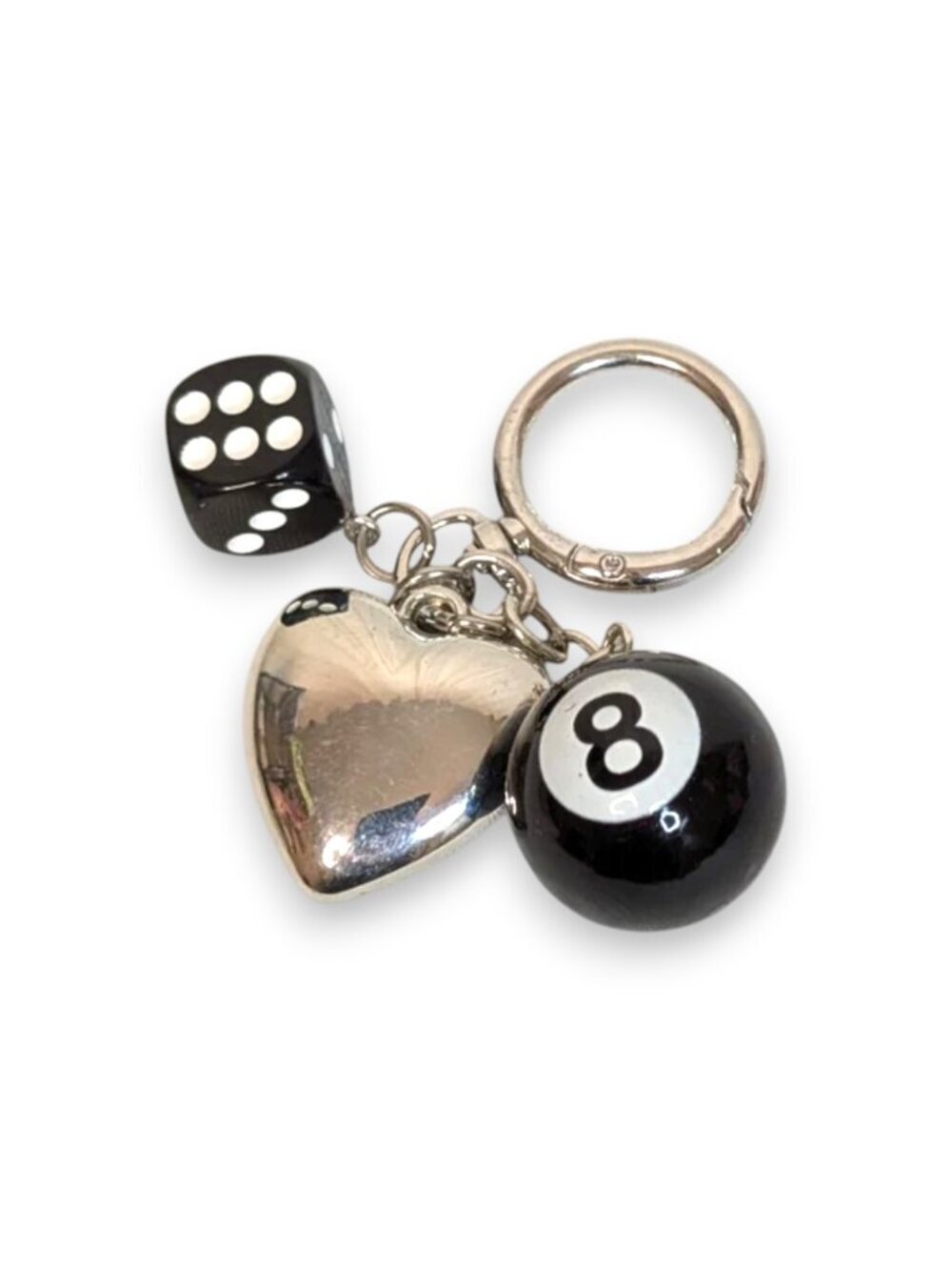 Silver And Black 8 Ball Heart And Dice Keychain Bag Charm Accessory